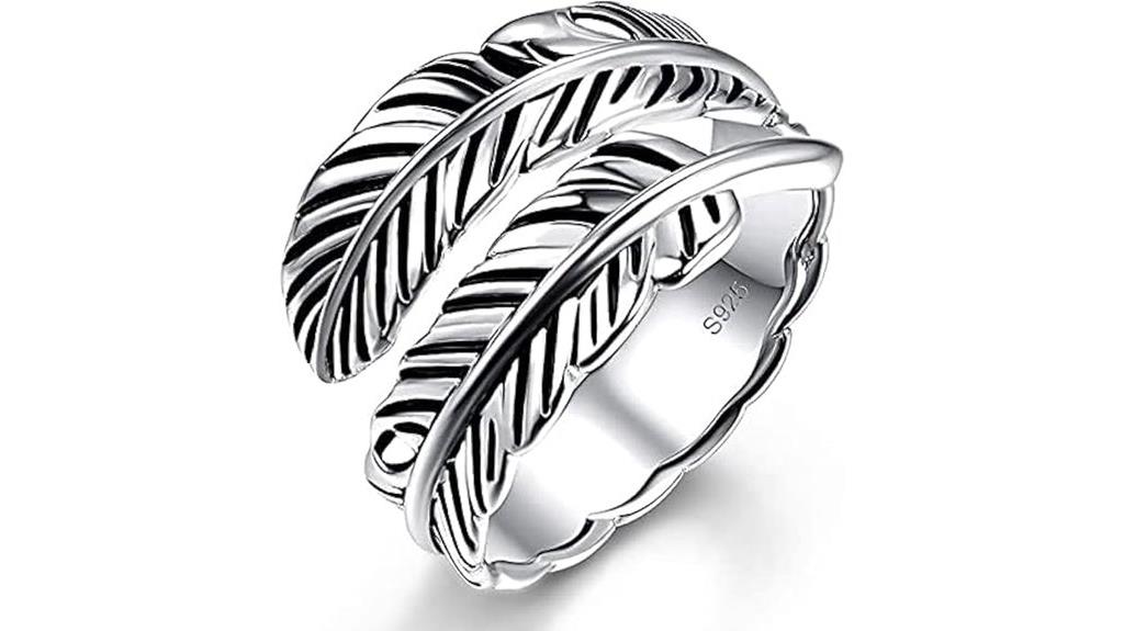 silver feather ring with stones