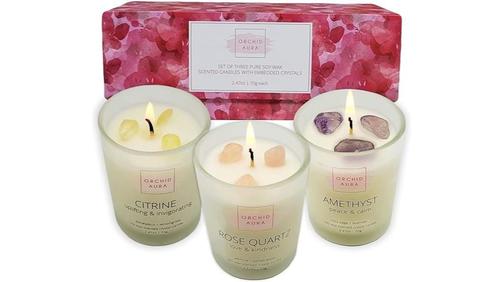 candles with healing crystals