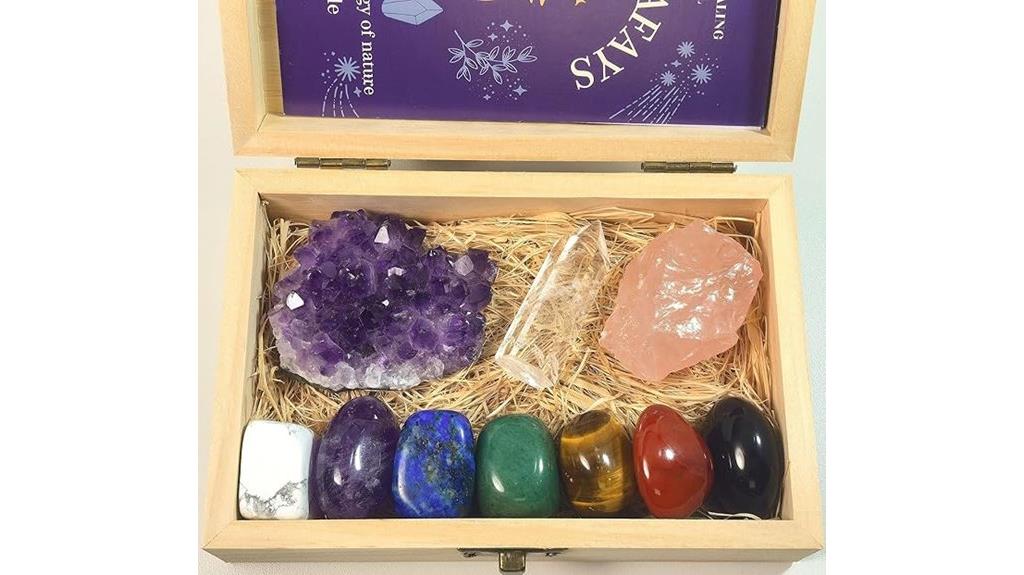 crystals in wooden box